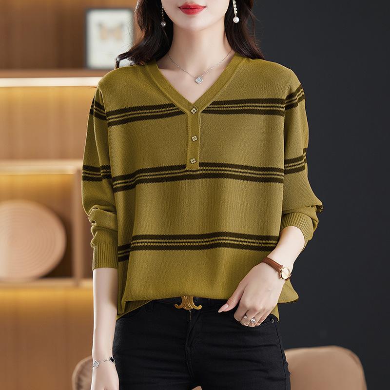 DAFIFY Women's Fashion Casual Fall Winter Stripe Print Long Sleeve V-Neck Sweaters
