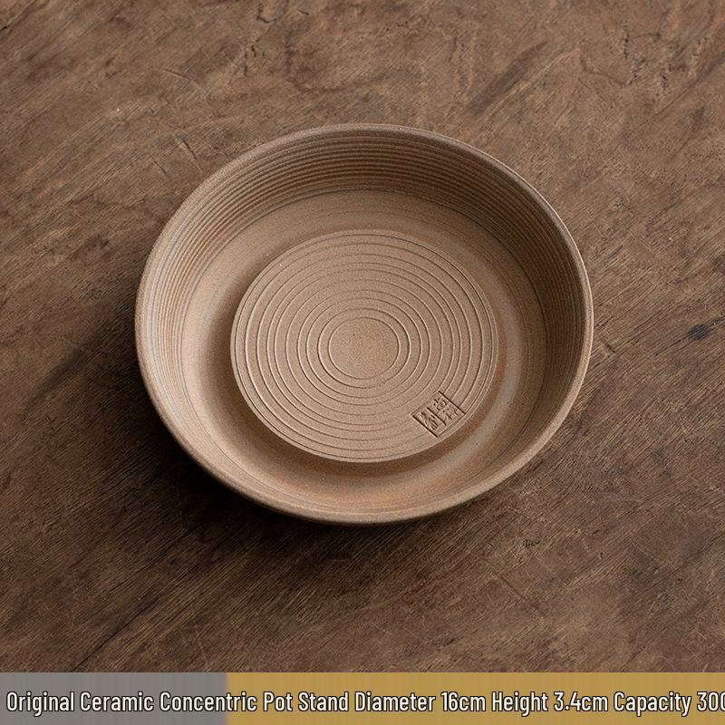 Retro Chinese Ceramic Tea Tray with Water Storage, Coarse Pottery Round Stand for Gongfu Tea Set