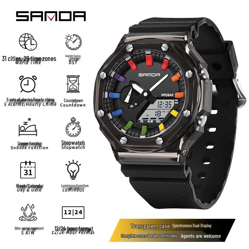 Sanda Octagonal Transparent Multifunctional Waterproof Unisex Wristwatch