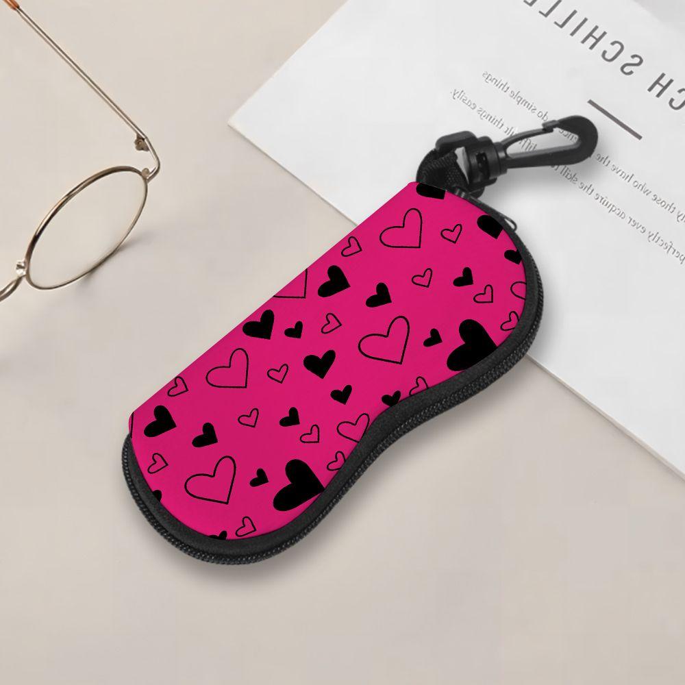 Pink Black Heart Pattern Soft Fabric Sunglasses Case,Portable Anti Scratch Eyewear Protective Pouch,Lightweight Travel Spectacle Holder Gift