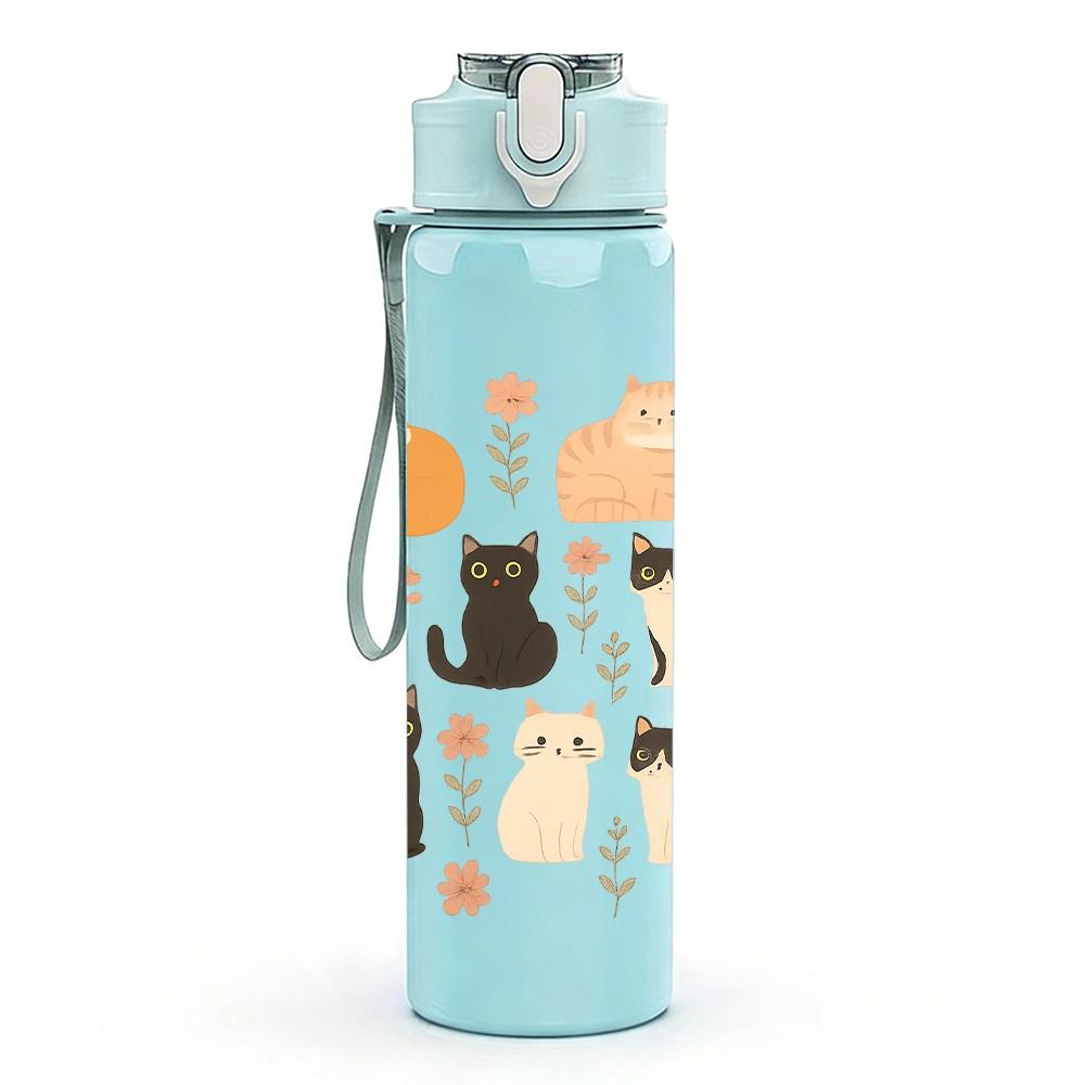 1PC Multi Cat Silhouette Pattern 750ml Color Plastic Sports Water Bottle Leakproof Flip Straw Lid Suitable for Sports Office Home Use