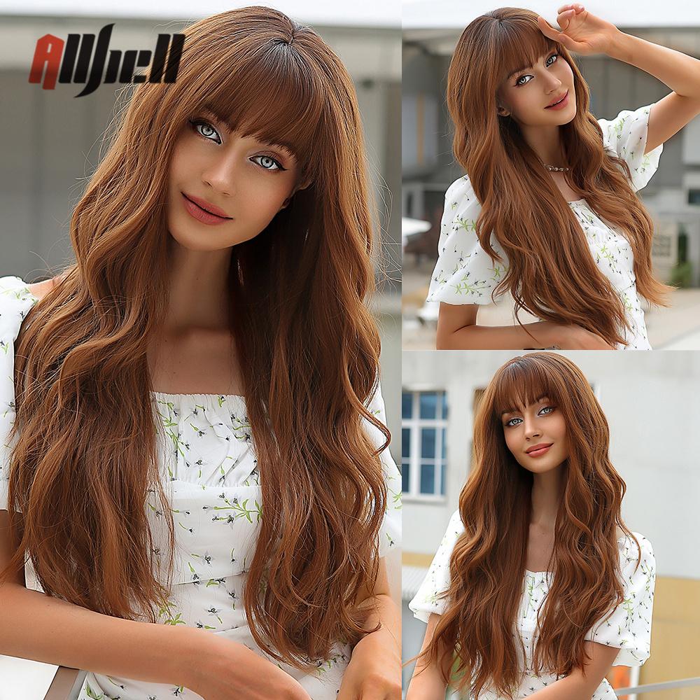 Long Wavy Black Ombre Brown Wigs With Bangs Synthetic Natural Wave Wig for Black Women Heat Resistant Fake Hair Cosplay Wig