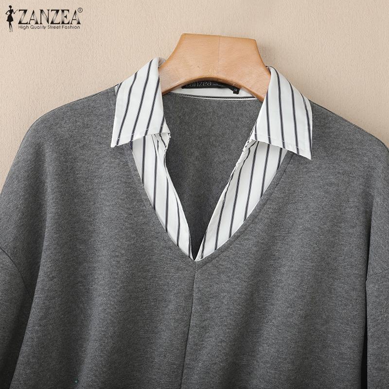 ZANZEA Oversized Women Patchwork Stripe Turn Down Collar Long Sleeve Autumn Thin Sweatshirts