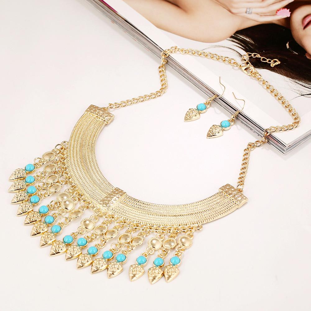 Necklace Fashion Tassel Eardrop Set With Layered Chain And Gemstone Details