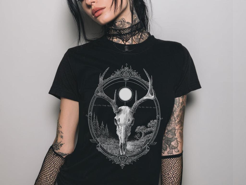 Deer Skull Gothic Fitted Graphic T-Shirt, Pastel Goth Witchy Shirt, Whimsigoth Clothing, Emo Fairy Grunge Clothes, Goth Gift For Her