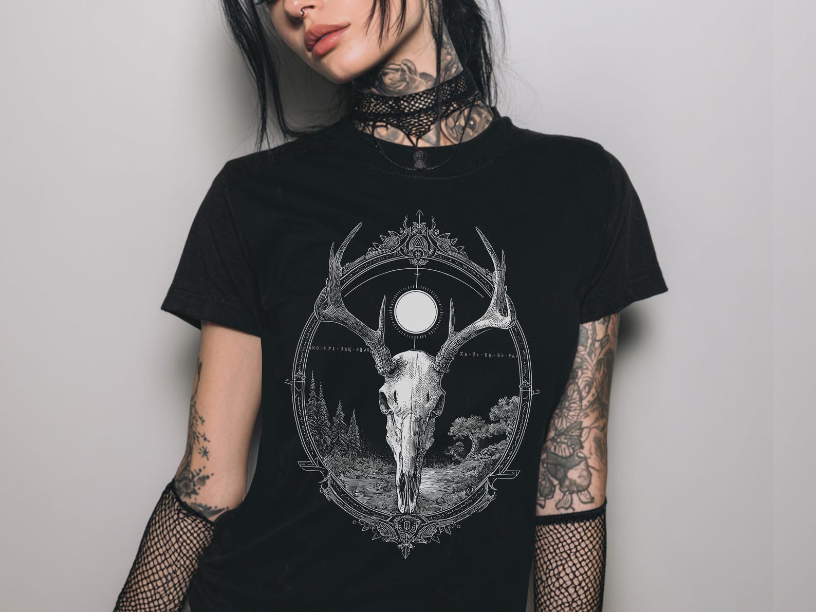Deer Skull Gothic Fitted Graphic T-Shirt, Pastel Goth Witchy Shirt, Whimsigoth Clothing, Emo Fairy Grunge Clothes, Goth Gift For Her XL