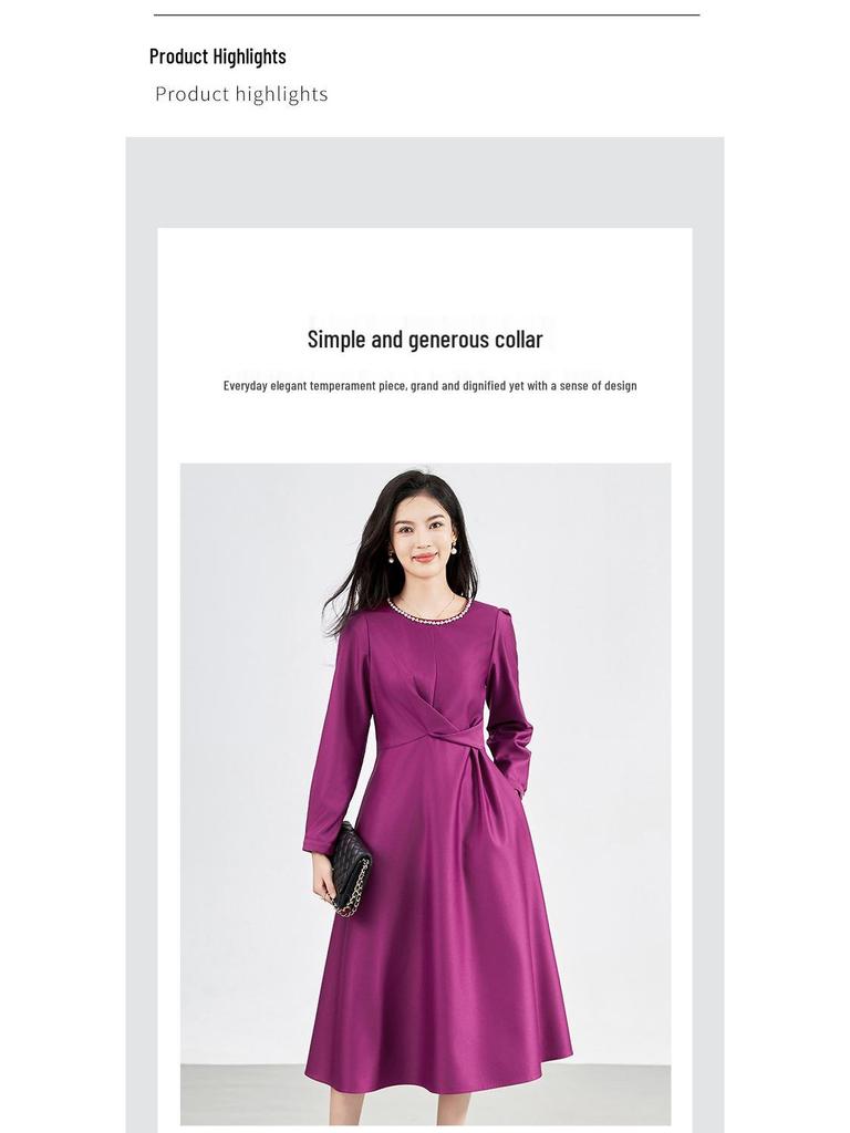 French Chic Light Luxury Waist-Slimming Dress - Imitation Silk Wool with Diamond Detail