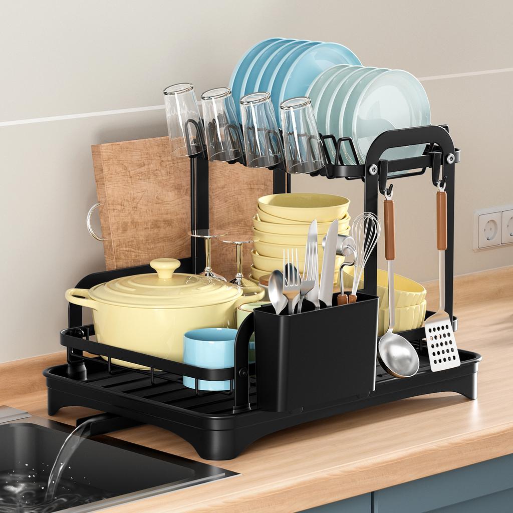 Escurridor de platos de 2 niveles, escurridor de platos para cocina con cesta de drenaje, organizador de vajilla para encimera, escurridor
