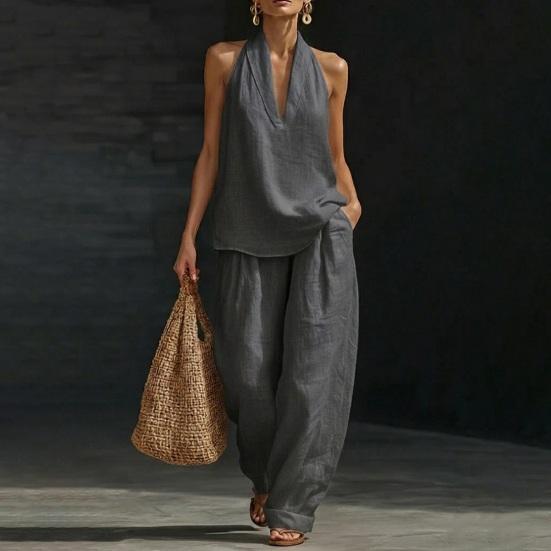 Completi due pezzi in cotone e lino da donna Top senza maniche con scollo a V e incrocio Pantaloni a gamba larga coordinati Outfit estivi per vacanze e relax