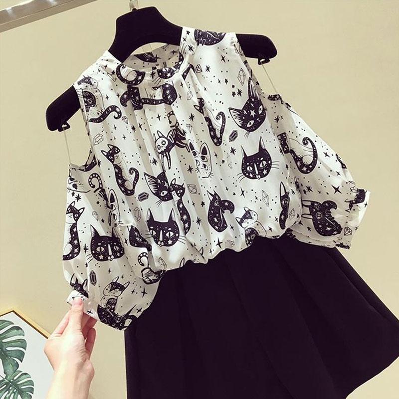 Fashion Hand-Painted Cat Printed Shirt Women's Clothing Elegant Off Shoulder Stand Collar Summer Korean Commute Loose Blouse New