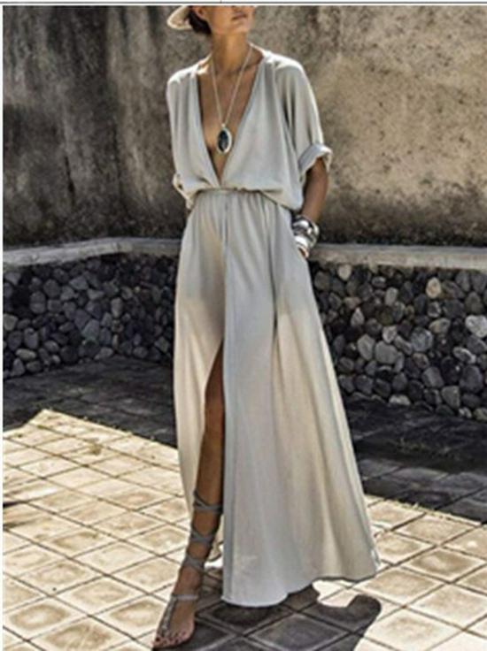 763 New Hot Selling Deep V Short Sleeve Split Dress