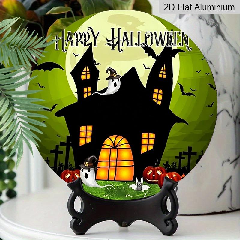 2D Flat Aluminum Decorative Plaques and Ornaments Sign, Halloween Hanging Wall Decor with Haunted Castle Ghost Pumpkin Design, Vintage Metal Sign for