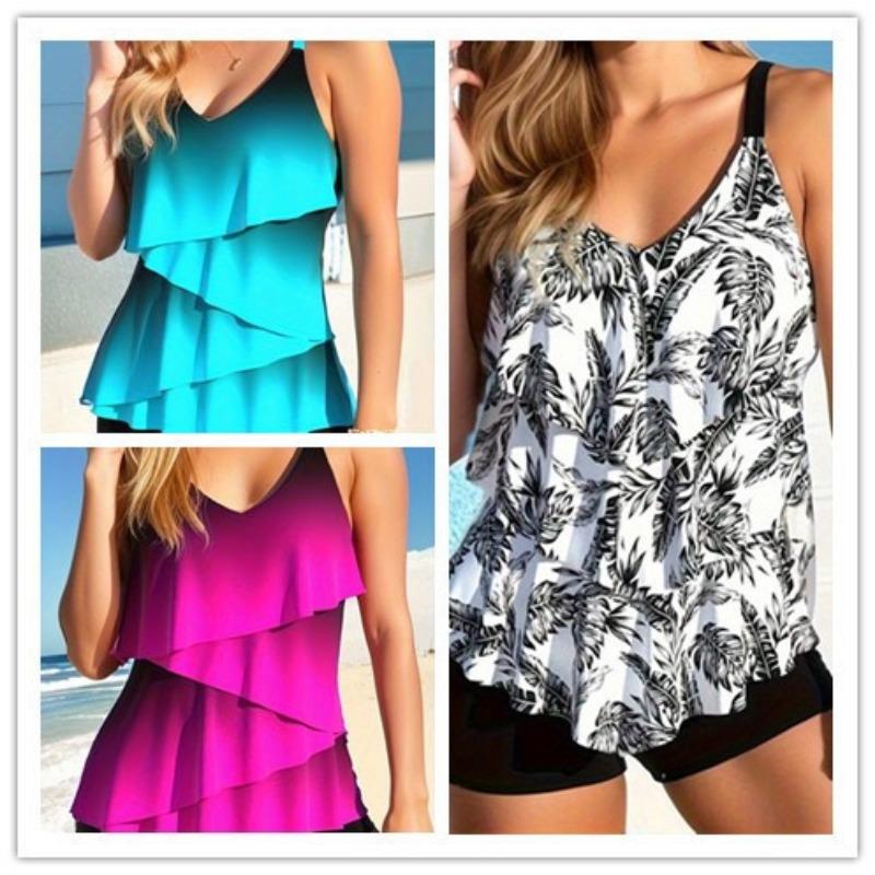 Women's Magenta Layered Ruffle Tankini Top V-Neck Sleeveless Swim Top with Built-in Bottoms