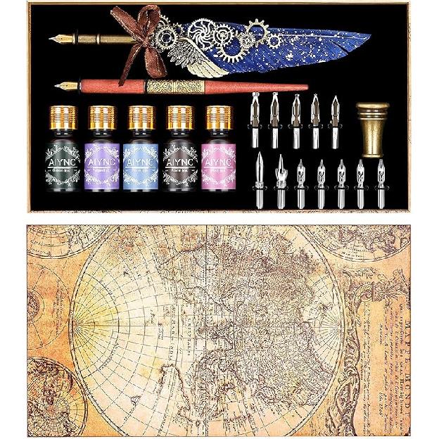 Feather Calligraphy Pen Ink Set, Mechanical Feather Pen and Wooden Dip Pen, 5 Colors of Ink, 12 Replacement Nibs, Pen Holder, Envelope and Letter