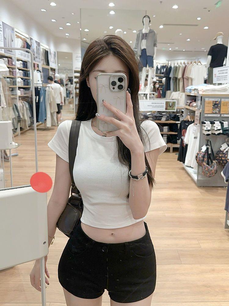 Spicy American Girl Round Neck Short Sleeve Crop Top - Slim Fit, Chic High Waist, Summer Style