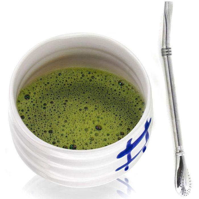 Bol de cérémonie japonais Chawan Blanc + paille inox avec filtre