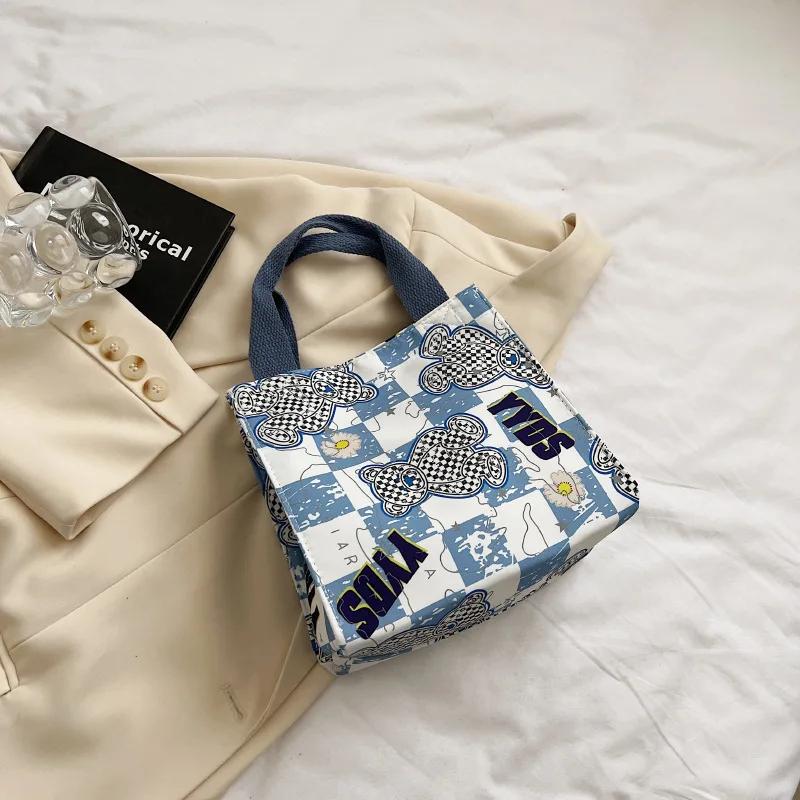 Geantă de designer din nailon pentru femei, cutie de prânz pentru studenți, geantă de damă cu ursuleț de desene animate, cu partea superioară deschisă, geantă cu mâner superior