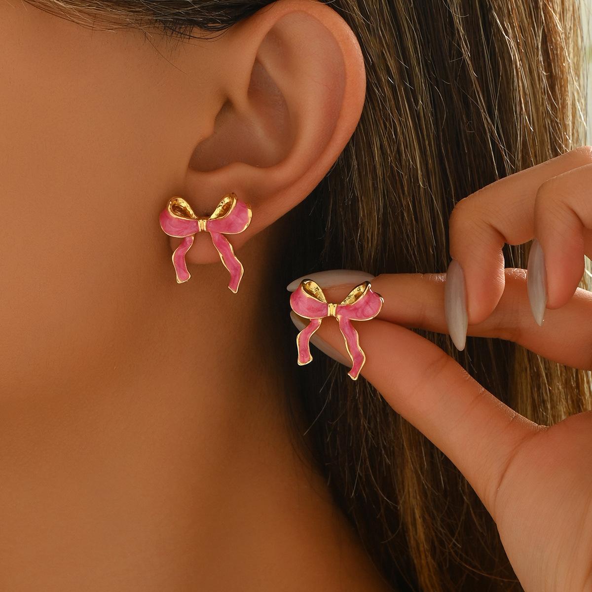 

ins Hot Sale Women s Jewelry Bow Drip Oil Design Earrings Versatile Premium Stud Earrings Women