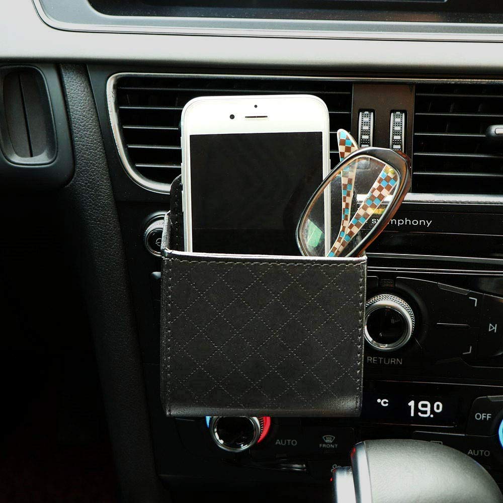 Universal Car Storage Bag Auto Air Outlet Debris Bag For Mobile Phone Key Glasses Vent Dashboard Hanging Leather Storage Box