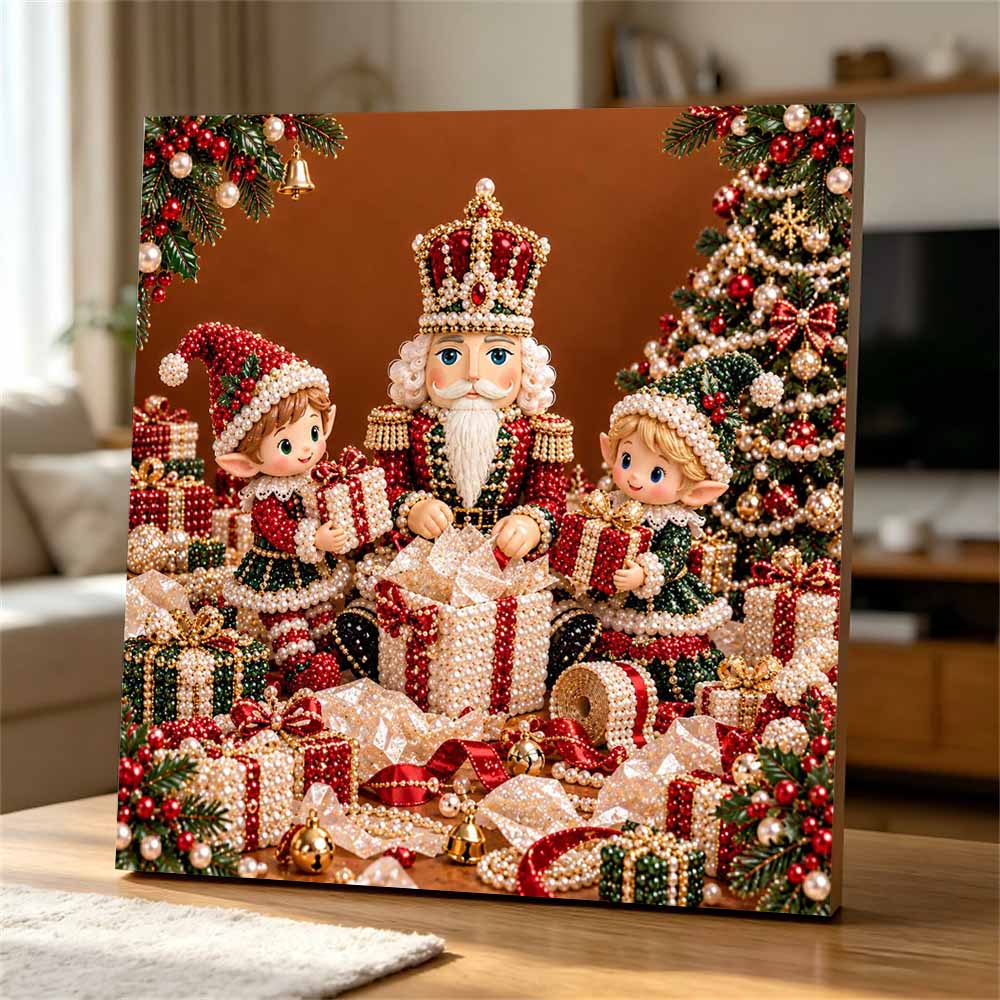 Framed Pearl Art DIY Kit with Christmas Nutcracker and Elf Pattern 3D Sparkling Bead Canvas Painting Handmade Holiday Gift for Home Decoration