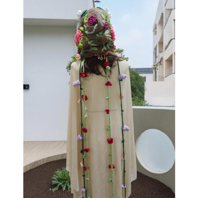 Ladies Forest Style Flower Blossomed Hooded Hat Large Brimmed Warm Headgear Knitted Hat Handmade Crochet Capelet
