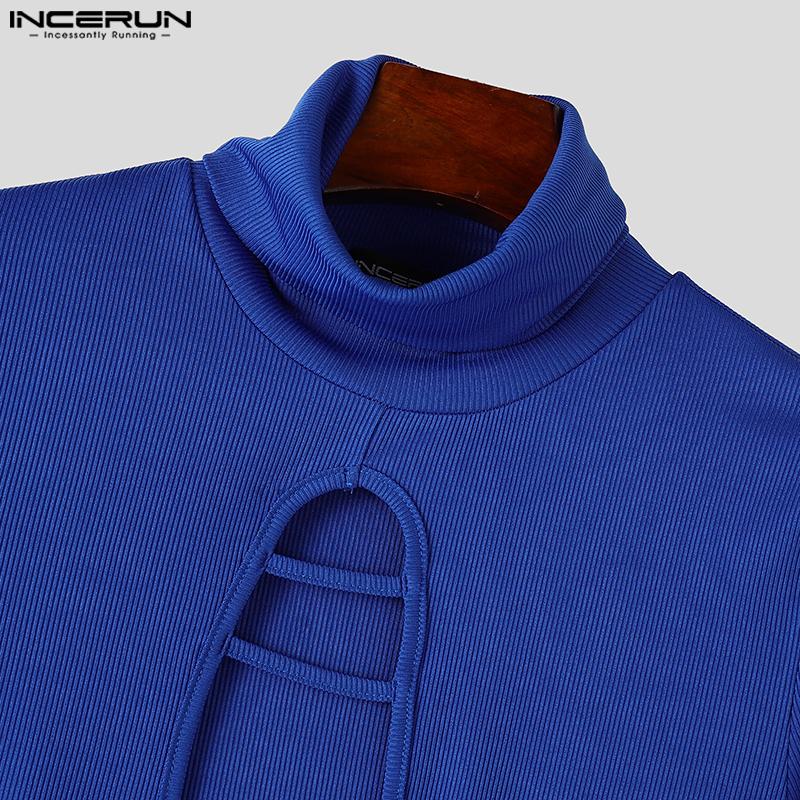 INCERUN Men High Neck Long Sleeve Fitted Tops Casual Slim Cutout Undershirts