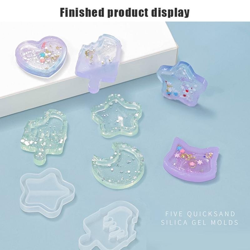 DIY Casting Silicone Resin Mold Kit Cats Heart Moon Epoxy Mold with Ice Cream Stick Dropper Measuring Cup for Home De