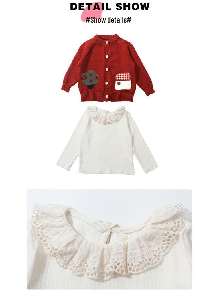 2025 Girls' Fashionable Cartoon Cardigan Sweater, Korean Style, Lace Trim for Spring and Autumn.