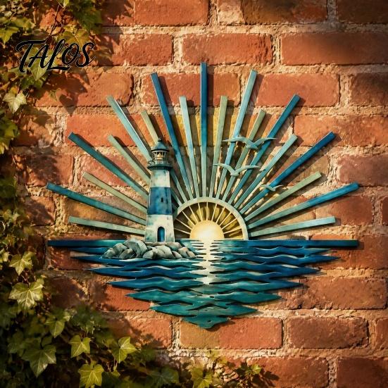 Outdoor Ocean Decor Metal Wall Decor, Turtle/Lighthouse/Mermaid Pattern Weather Resistant Marine Style Room Art Sculptures for Patio Garden And Living