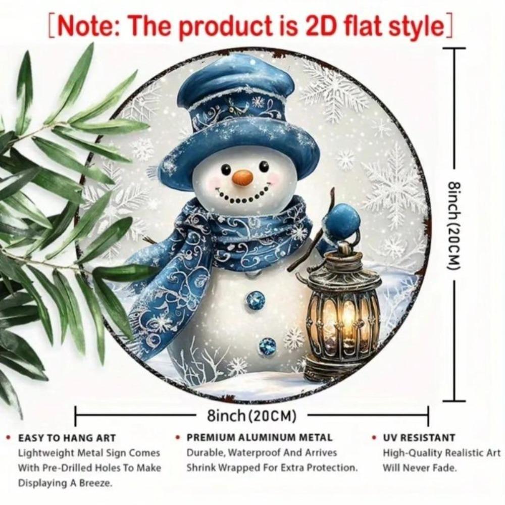 Metal Sign Christmas Snowman Wreath Blue White Festive Home Decor Gift