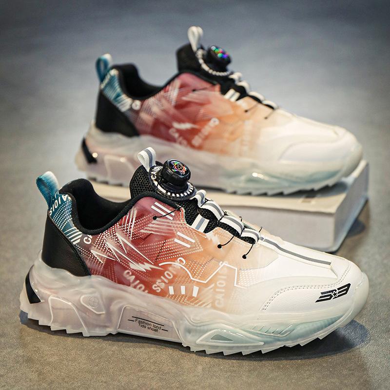 Jinjiang leather surface rotating buckle mecha shoes couple shock absorption running dad shoes ultra-light soft-soled sports shoes