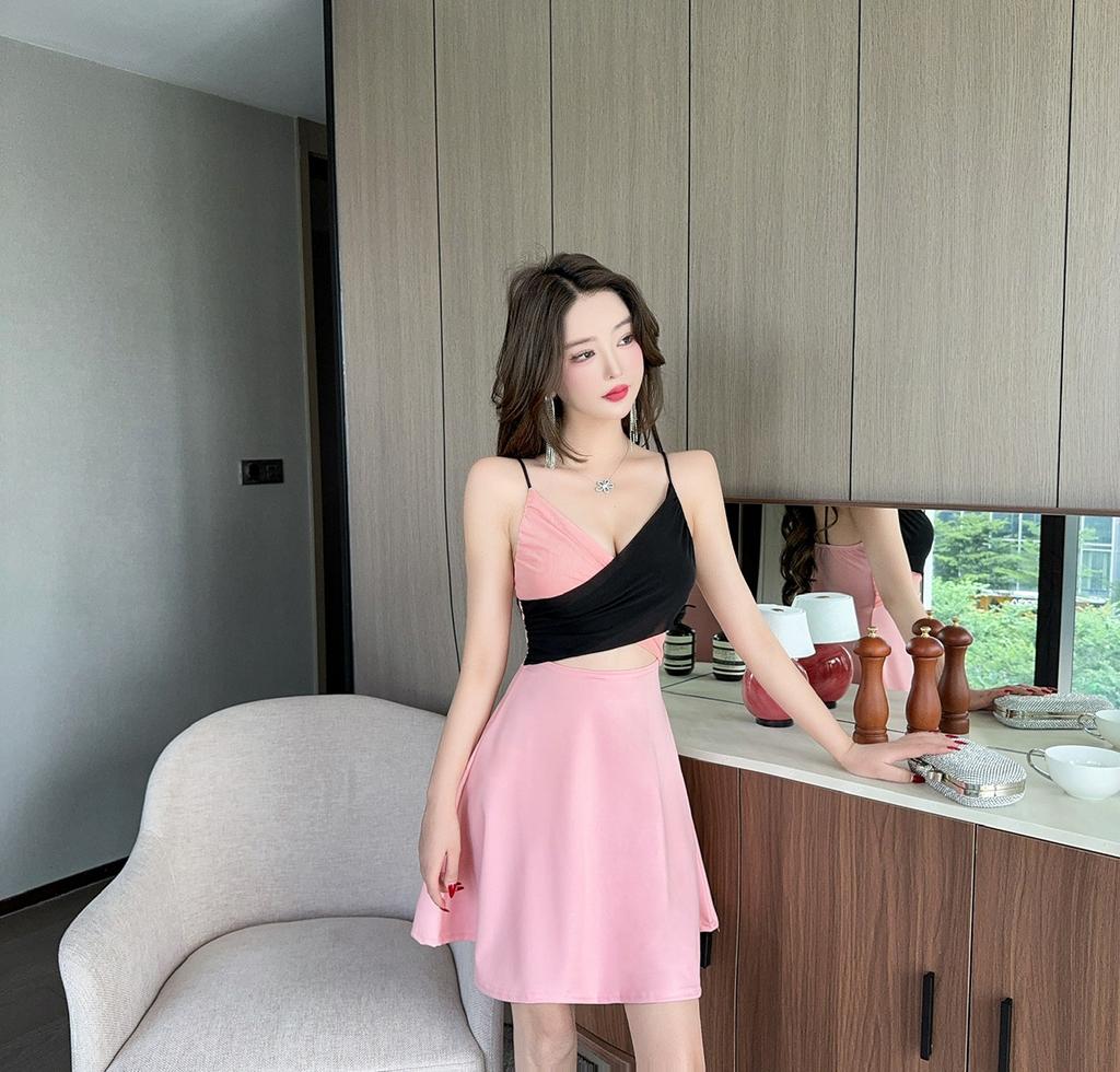 Sexy mesh contrasting splicing hollow low-cut V-neck suspender dress women's work clothes