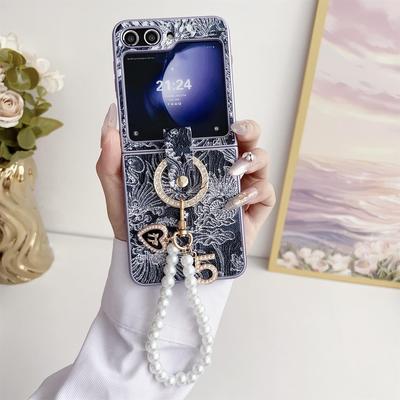 For Samsung Galaxy Z Flip 6 5 4 3 Case Colorful Chinese Style Patterned Leather Ring Bracket with Bracelet Shockproof Back Cover