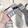 Korean Style Mid-calf Socks Grey Checkered Boneless Pile Socks New Cotton Socks  Spring Summer