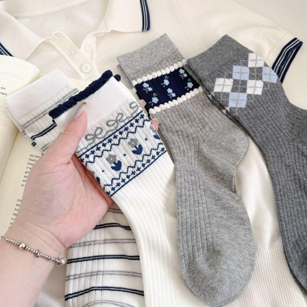 Korean Style Mid-calf Socks Grey Checkered Boneless Pile Socks New Cotton Socks Spring Summer