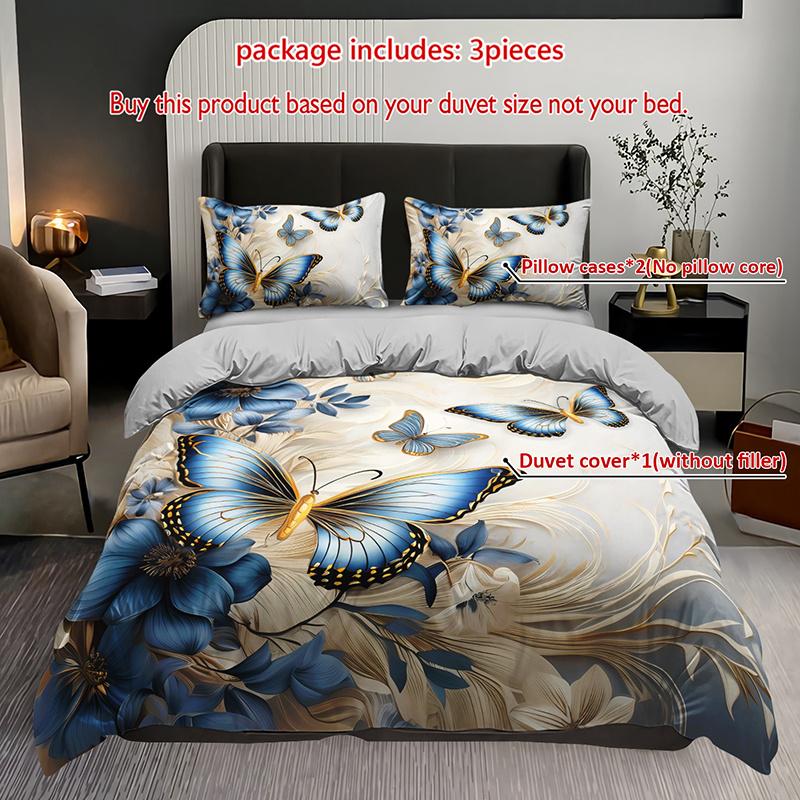 

3Pcs Elegant Blue Butterfly Floral Bedding Duvet Cover Set Butterfly Floral Bedding Quilt Set Butterfly Themed Bed Duvet Cover Set&EU Single(135x200cm)