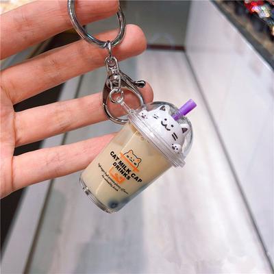 Creative For Women Car Floating Pendant Cup Acrylic Milk Tea Liquid Key Chain Jewelry Key Ring Fashion Accessories