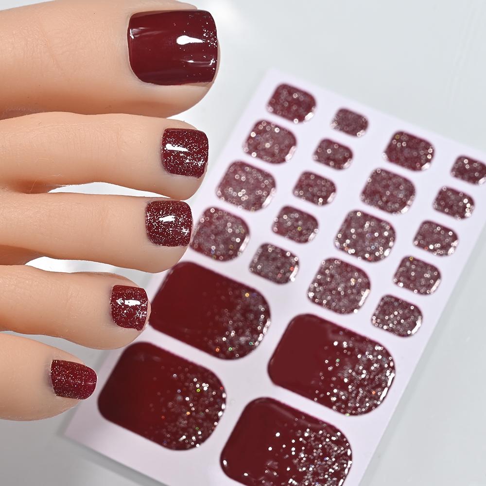 22tips/Sheet Glittering Toenails Manicure Art Decals Baking Free Toe Nail Stickers Full Cover Removable Adhesive DIY Nail Patch*