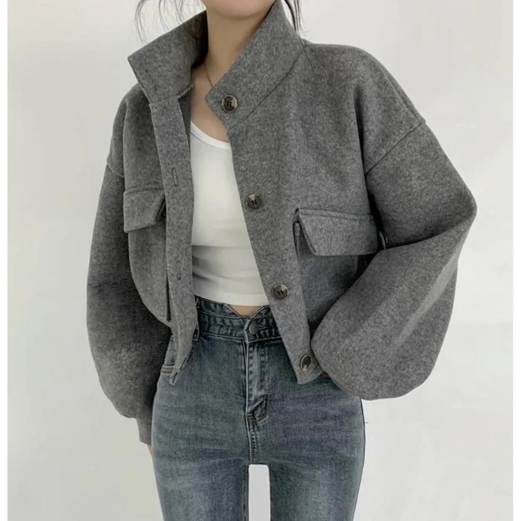 Autumn Winger Korean Style Stand Collar Cardigan Coat Women Loose Casual All-match Solid Jacket Outwear Top