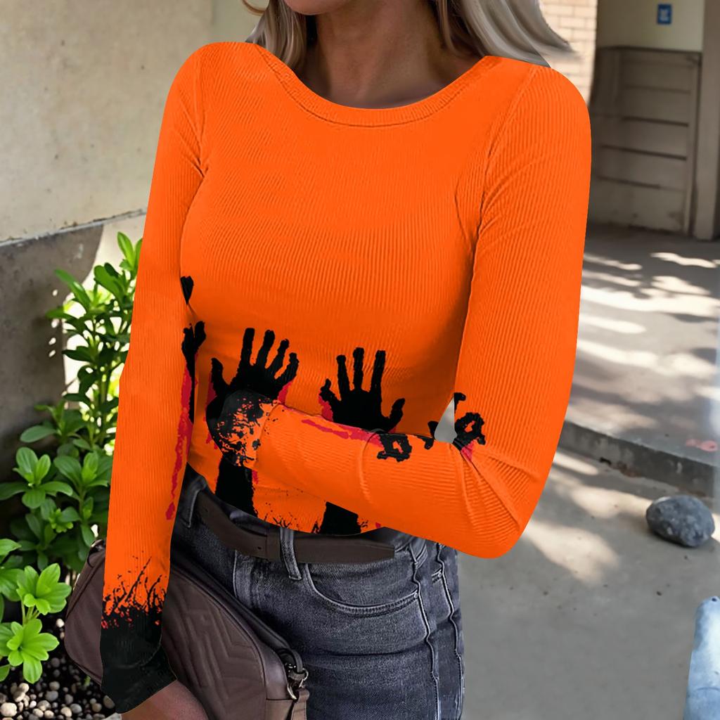 Women's Casual Fashion Long Sleeve Ribbed Top Halloween Print Round Neck Slim Fit Stretchy Knit Shirt