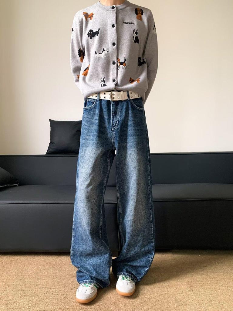 Jeans pour hommes automne coupe ample brodés d'étoiles jambes larges