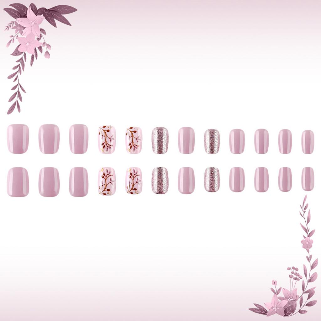 24 Pcs Short Square Stick on Nail Glittering Full Cover False Nail Purple Press On Nail Manicures Supplies for Woman