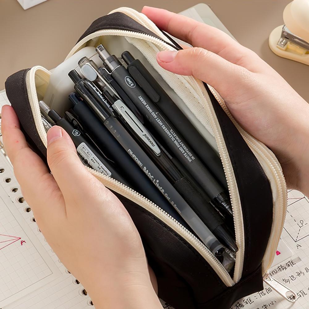 Hemp Rope Pencil Case Pen Bag 3 Compartments Front Pocket Oxford Fabric Storage Pouch for Stationery School