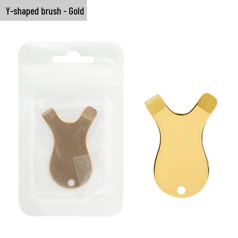 Stainless Steel Y-Shaped Eyelash Extension & Perm Comb with Small Eyebrow Brush.