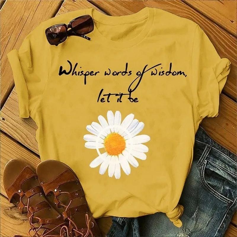 Let It Be Letter Daisy Print T Shirt Women Short Sleeve O Neck Loose Tshirt Summer Women Tee Shirt Tops Camisetas Mujer