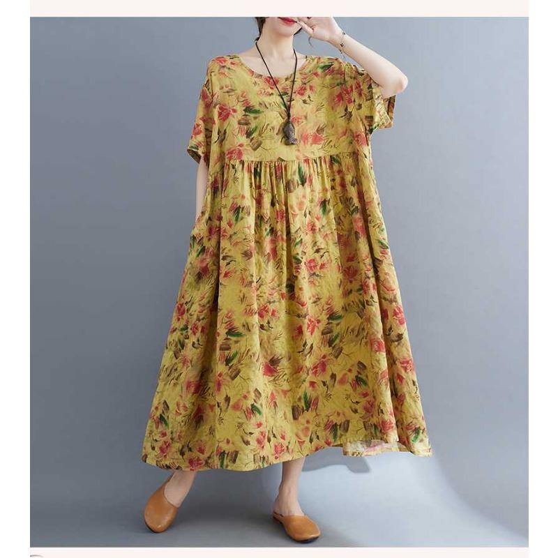 Loose and Thin Retro Swing Round Neck Short Sleeve Long Dresses