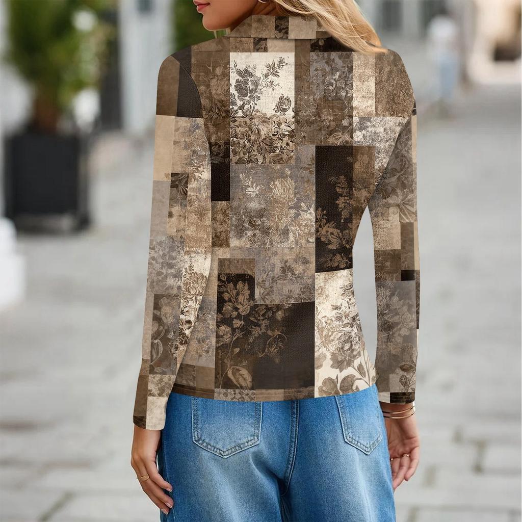 Damenmode Casual Revers Kurze Langarm Print Shirt Damen Button Up Tops