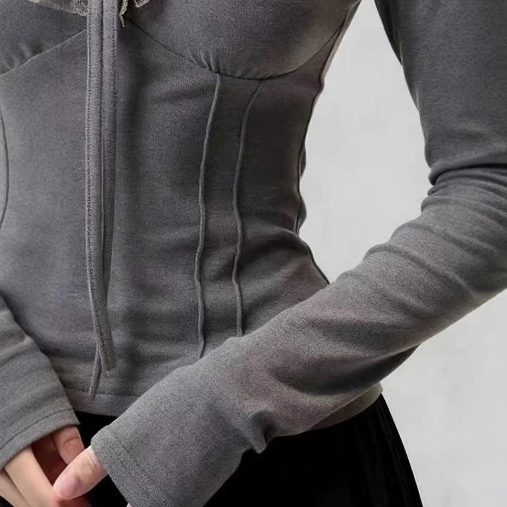 Women's Chic Lace-Up V-Neck Long-Sleeve Slim Fit Fleece Top