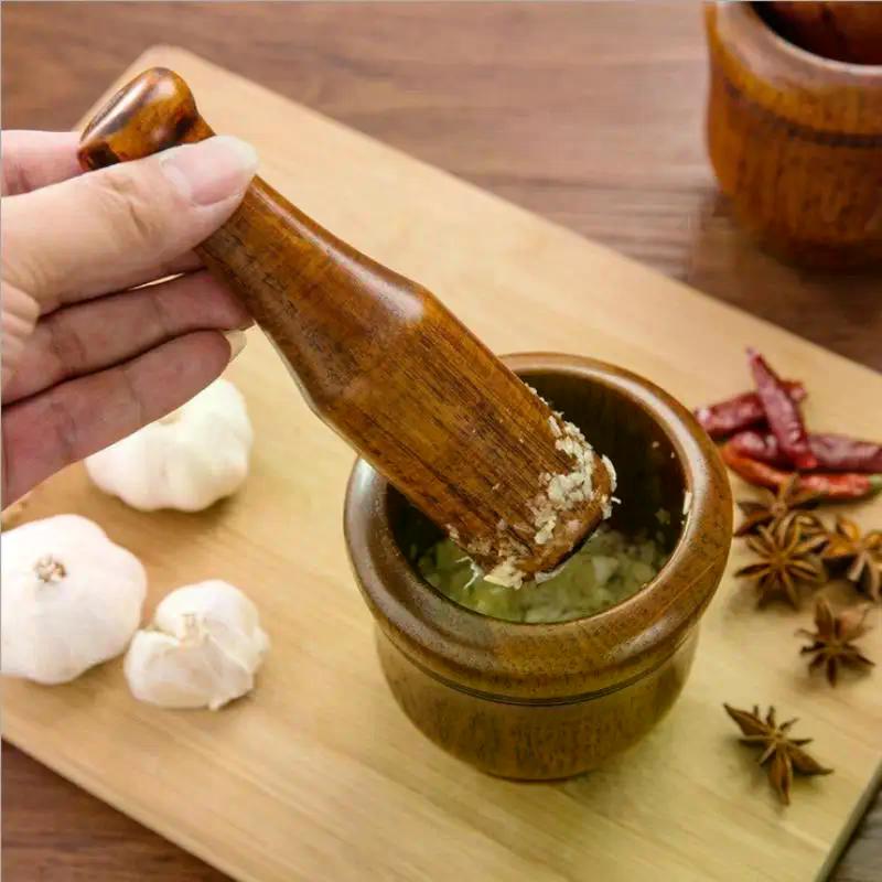 Wooden Grinding Bowl Household Kitchen Manual Garlic Ginger Spices Grinder Mortar Pestle Set