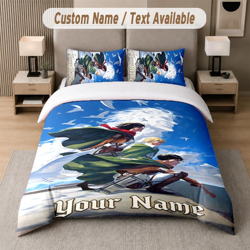 Attack On Titan 3Pcs Bedding Set, Personalized Custom Name Text, 1 Duvet Cover & 2 Pillowcases For Bedroom
